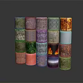 Stacked Cylindrical Sculpture Carvings Featuring Various Colors Textured Surfaces And Diverse Patterns