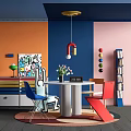 Home Restaurant Memphis Dining Table and Chair Dopamine Dining Chair Sideboard Chandelier Bookshelf 3d model