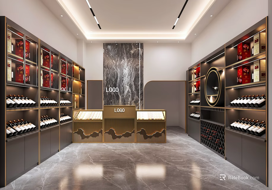 Modern Wine Store Interior Design Featuring Marble Wall Display Counters And Shelves With Wine Bottles 3d model 