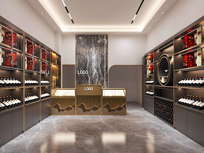 Modern Wine Store Interior Design Featuring Marble Wall Display Counters And Shelves With Wine Bottles 3d model