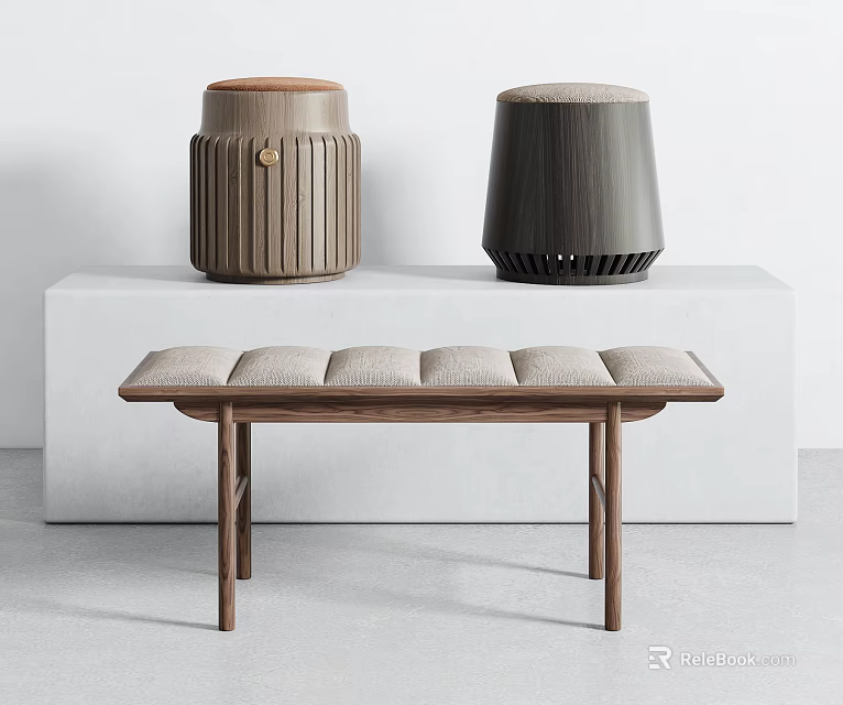 Modern Wooden Stools And Bench With Upholstered Seats Textured Design And Ventilated Base 3d model 