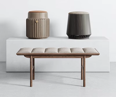 Modern Wooden Stools And Bench With Upholstered Seats Textured Design And Ventilated Base 3d model