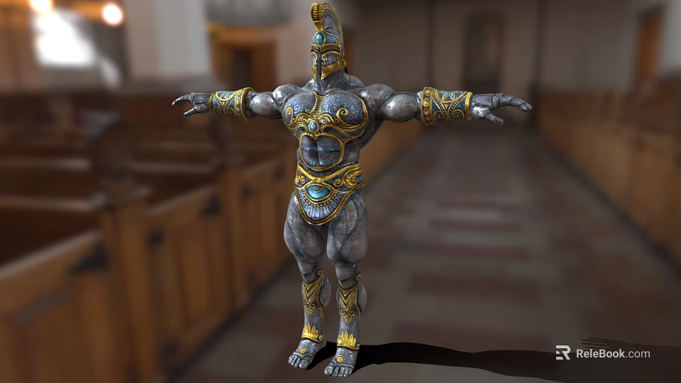 Muscular Game And Movie Character With Golden Decorated Armor And Helmet In Temple Hall 3d model 