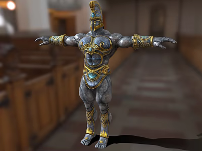 Muscular Game And Movie Character With Golden Decorated Armor And Helmet In Temple Hall 3d model