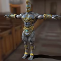 Muscular Game And Movie Character With Golden Decorated Armor And Helmet In Temple Hall