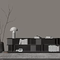 Modern Dark Entryway Cabinet Sideboard With Shelves Books Vase And Table Lamp