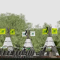 Trendy Commercial Street With Green Decorations Crowded Market And People Gathering