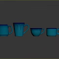 Four Blue Cups With Various Sizes Different Designs And Textured Surfaces On Grey Background 3d model