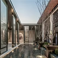 Modern Garden Landscape Featuring Stone Pathway Tree And Building Entrance