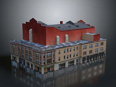 Vintage Multi Story Building Model With Red Beige Facade Gray Roof And Windows 3d model