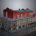 Vintage Multi Story Building Model With Red Beige Facade Gray Roof And Windows