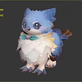 Cute Blue Feathered Fantasy Creature Character With Purple Eyes Green Leaves And Pink Orb