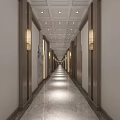 Elegant Hotel Corridor With Chinese Style Mural Wooden Decorations Marble Floor And Ceiling Lights