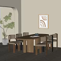Modern Wooden Dining Table Set with Six Light Upholstered Chairs Green Plant and Wall Art