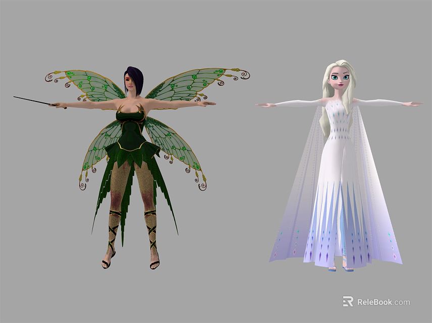 Fantasy Game Movie Characters Green Winged Fairy And White Dressed Ice Princess 3d model 