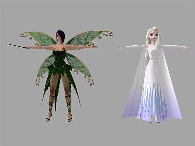 Fantasy Game Movie Characters Green Winged Fairy And White Dressed Ice Princess 3d model