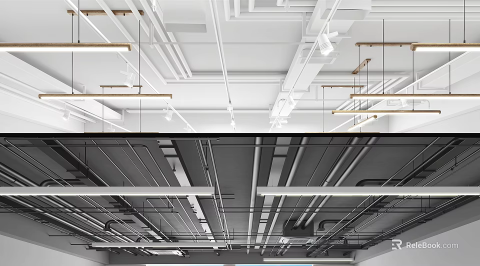 Industrial Style Ceiling Design With Exposed Pipes Metal Frames And Lighting Fixtures 3d model 