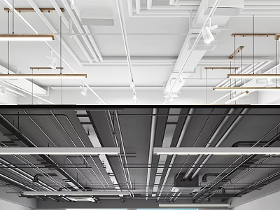 Industrial Style Ceiling Design With Exposed Pipes Metal Frames And Lighting Fixtures 3d model