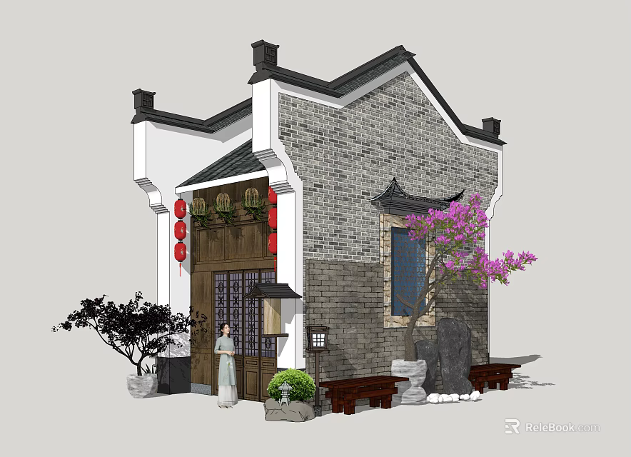 Traditional Chinese Ancient Architecture with Grey Brick Walls Curved Eaves Red Lanterns and Pink Flowering Tree 3d model 