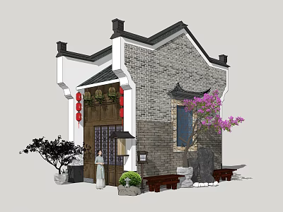 Traditional Chinese Ancient Architecture with Grey Brick Walls Curved Eaves Red Lanterns and Pink Flowering Tree 3d model
