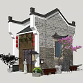 Traditional Chinese Ancient Architecture with Grey Brick Walls Curved Eaves Red Lanterns and Pink Flowering Tree