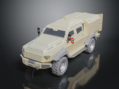 Beige Armored Military Vehicle With Heavy Armor Off Road Tires And Door Emblem 3d model
