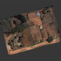 Cartoon Village Scene with Red Tiled Roof Buildings and Green Trees in Cozy Layout