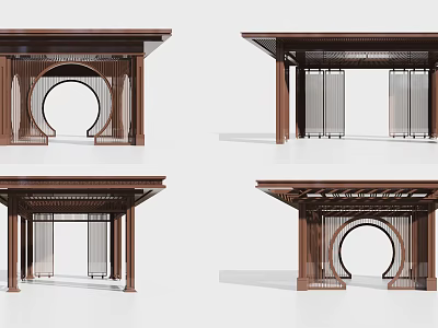 Traditional Chinese Wooden Architectural Structures With Circular Arches And Grille Designs 3d model