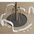 Modern Outdoor Playground Hanging Chair With Rope Structure Circular Gravel Area And White Curved Rails