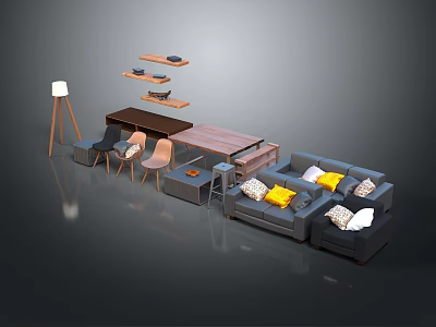 Modern Sofa and Coffee Table Set with Yellow Cushions Wooden Table Shelves and Floor Lamp 3d model