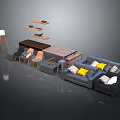 Modern Sofa and Coffee Table Set with Yellow Cushions Wooden Table Shelves and Floor Lamp