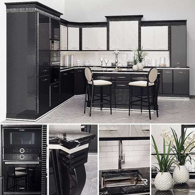 Stylish Modern Kitchen Featuring Black Cabinets Island Counter Bar Stools And Tile Backsplash 3d model 