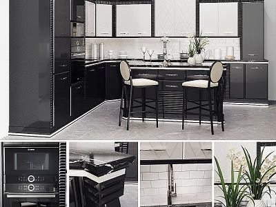 Stylish Modern Kitchen Featuring Black Cabinets Island Counter Bar Stools And Tile Backsplash 3d model