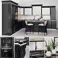 Stylish Modern Kitchen Featuring Black Cabinets Island Counter Bar Stools And Tile Backsplash