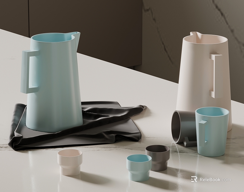 Elegant Kitchenware with Light Blue Beige Jugs Various Colored Cups Black Cloth on White Countertop 3d model 