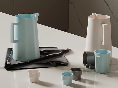 Elegant Kitchenware with Light Blue Beige Jugs Various Colored Cups Black Cloth on White Countertop 3d model