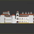 3D Classical Architectural Model With Red Roofs White Walls Symmetric Design And Tower