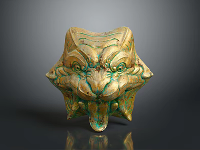 Ancient Bronze Mythical Beast Head Artifact With Green Patina And Gold Details 3d model