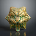 Ancient Bronze Mythical Beast Head Artifact With Green Patina And Gold Details