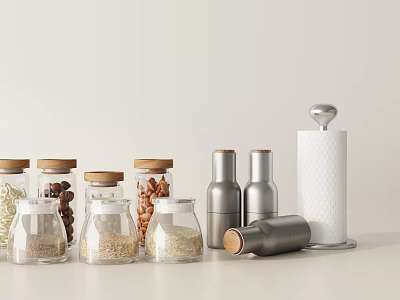 Modern Spice Bottles with Glass Storage Jars Wooden Lids and Silver Metal Containers on Light Countertop 3d model