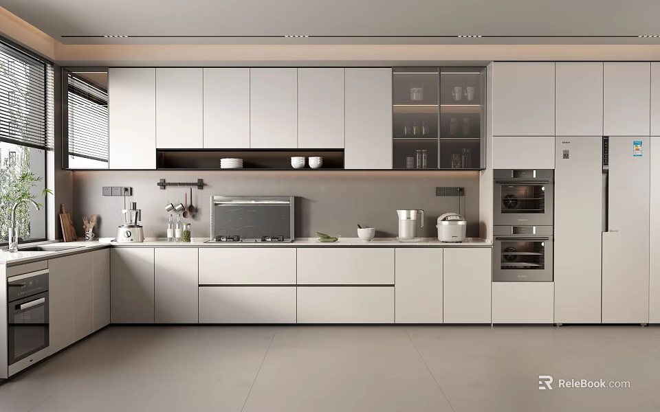 Modern Kitchen Interior Design With White Cabinets Built-in Appliances And Sleek Countertop 3d model 