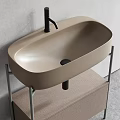 Modern Minimalist Beige Washbasin With Metal Frame Stand Oval Mirror And Storage Cabinet