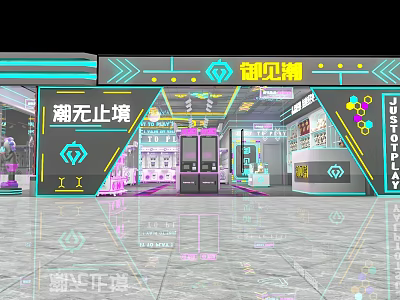 Indoor Amusement Park With Neon Lights Pink And Blue Decorations Bright Lighting Interactive Game Zones 3d model