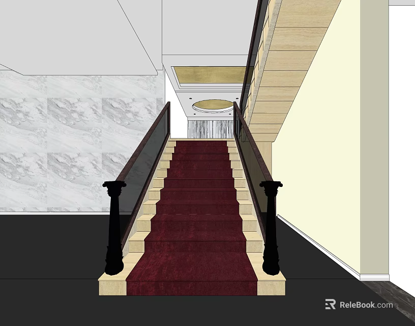 Elegant Staircase With Red Carpet Black Handrails And Decorative Wall Patterns 3d model