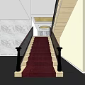 Elegant Staircase With Red Carpet Black Handrails And Decorative Wall Patterns 3d model