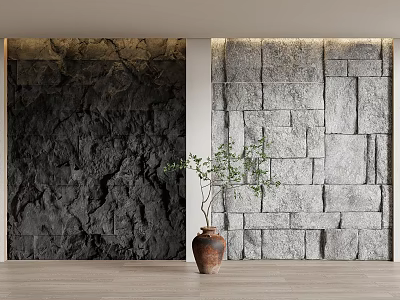 Rough Dark Stone and Gray Tile Background Wall with Clay Pot Green Plant 3d model