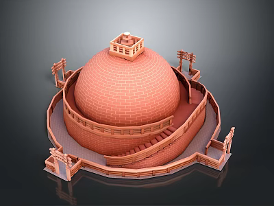 Red Brick Circular Building Model Featuring Small Pavilion Staircases and Archways 3d model