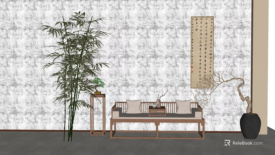 Traditional Chinese Luohan Bed Interior With Bamboo Plant Calligraphy Scroll And Tea Table 3d model 