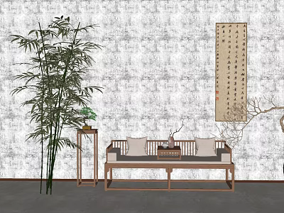 Traditional Chinese Luohan Bed Interior With Bamboo Plant Calligraphy Scroll And Tea Table 3d model