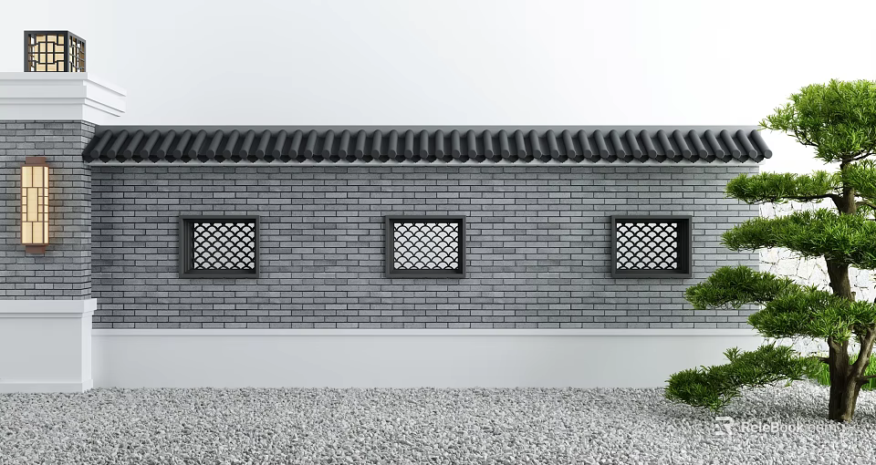 Building Exterior Wall Gray Brick With Three Lattice Windows Black Tile Decoration And Green Plants 3d model 